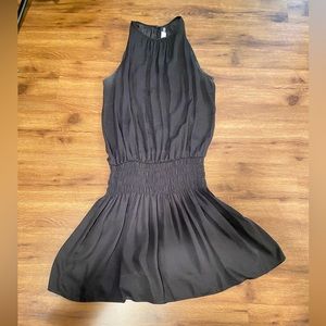 Black high neck smocked waist dress